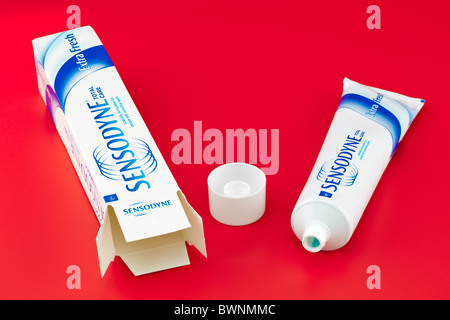 Tube of Extra fresh Sensodyne total care and box Stock Photo