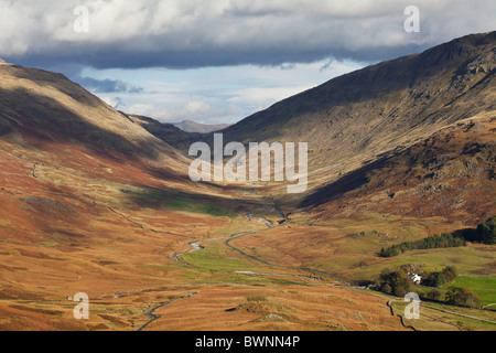 View to Wrynose pass from Hardknott pass, Cumbria. Stock Photo