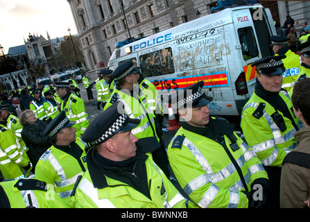 Police van was vandalised when it was left in middle of kettled students who were protesting against increase in tuition fees. W Stock Photo