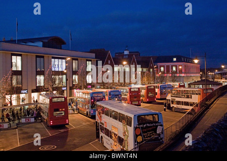 Canterbury Bus Station at night with Christmas Lights and the new Whitefriars Shopping Complex in the background. Stock Photo