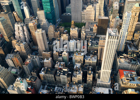 New York City Manhattan aerial skyline panorama view with skyscrapers and office buildings on street. Stock Photo