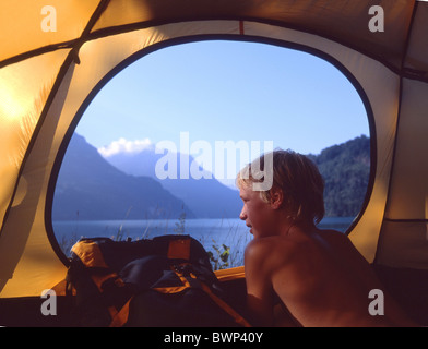 Switzerland Europe Lake Lucerne Camping Tent Camp Adventure Child Children Teenager Boy Outdoor Mountains Stock Photo