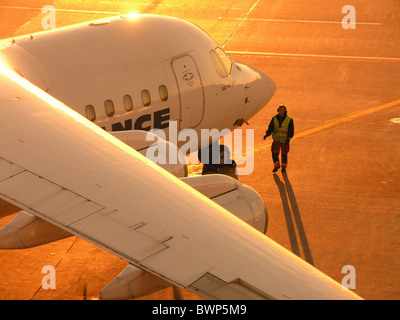 British Aerospace BAe 146 Air France Jet Airplane Plane Aircraft Man Travel Traveling Dusk Dawn Zurich Airp Stock Photo