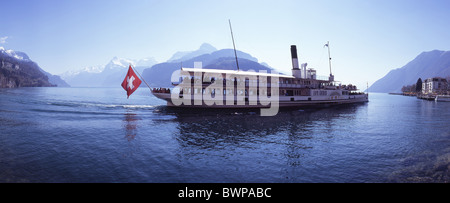 Switzerland Europe Lake Lucerne Canton Schwyz Brunnen village Steamboat Steamship Steam ship Paddlewheeler La Stock Photo