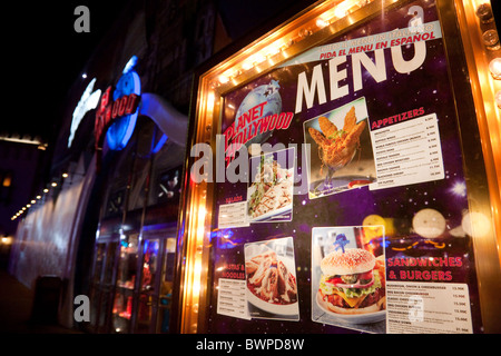 The exterior of the planet Hollywood restaurant, with its menu display, Disney Village, Disneyland Paris, France Stock Photo