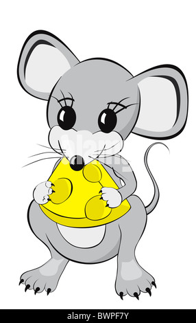 Little mouse cartoon character eating a piece of cheese Isolated on white background Stock Photo