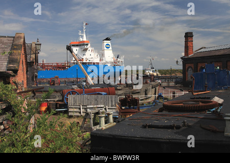 View from the National Waterways Museum at Ellesmere Port of a ship passing through the Manchester Ship Canal Stock Photo