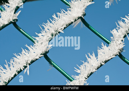 Hoar frost on a fence, Alberta, Canada Stock Photo