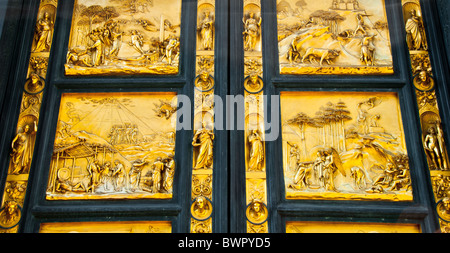 'Gates of Paradise' on exterior Florence Baptistery or Baptistery of St. John which faces The Duomo in Florence, Italy Stock Photo