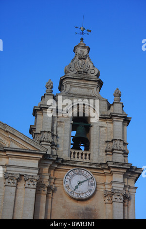 Malta Mdina old town Cathedral St. Peter and St. Paul church tower clock Stock Photo