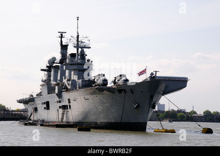 HMS Illustrious moored on The River Thames at Greenwich, London, England Stock Photo