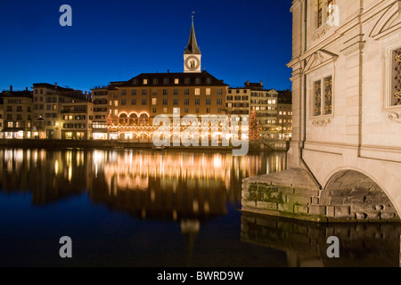 Switzerland Europe Zurich city City hall Town hall Bridge Limmat River Reflections Water Winter town Zurich Stock Photo