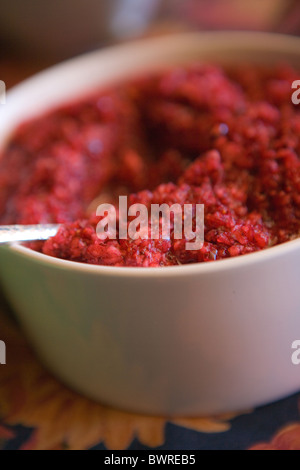 traditional holiday food, United States, cranberry sauce in a bowl, close up Stock Photo