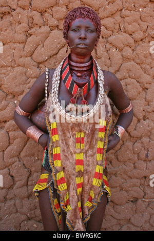 Hamer Tribe Woman Wearing Beaded Skin, Turmi, Omo Valley, Ethiopia Stock Photo