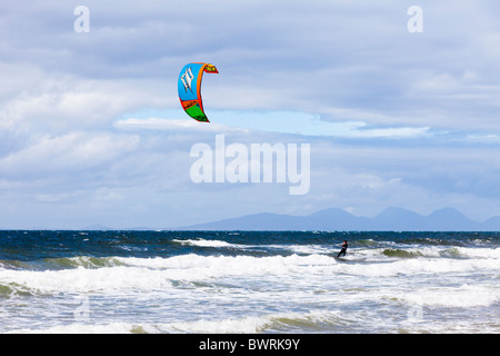 Kitesurfing at Machrihanish on the Kintyre Peninsula, Argyll & Bute, Scotland - Islay and Jura are visible in the background Stock Photo