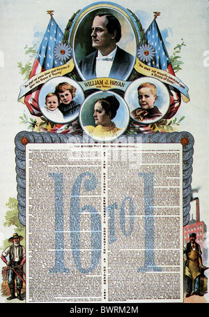WILLIAM JENNINGS BRYAN (1860-1925) with family together with the text of his 'Cross of Gold' speech in an 1896 poster Stock Photo