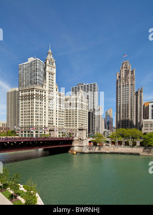 Wrigley Building, Tribune Tower, Chicago river, Illinois Stock Photo