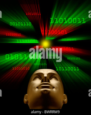 Artifical intelligence as symbolized by green and red binary code flying through a vortex toward an android head Stock Photo