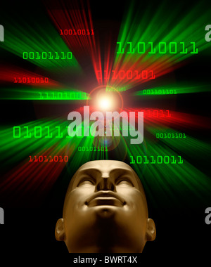 Artifical intelligence as symbolized by green and red binary code flying through a vortex toward an android head Stock Photo