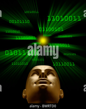 Artifical intelligence as symbolized by green binary code flying through a vortex toward an android head Stock Photo