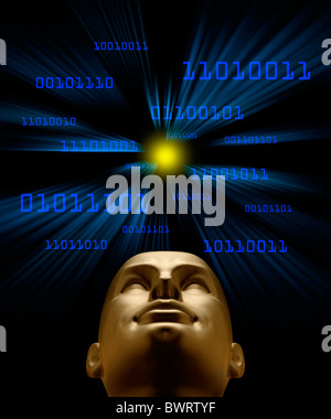 Artifical intelligence as symbolized by blue binary code flying through a vortex toward an android head Stock Photo