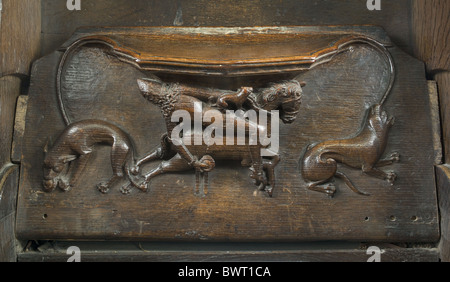 Chester Cathedral quire stalls from 1380 - misericord of figure on horseback Stock Photo