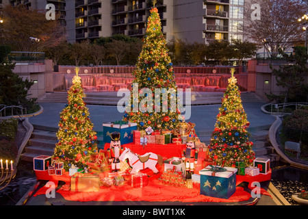 Water Court Christmas display and Tree, Bunker Hill, Downtown Los Angeles, California, USA Stock Photo