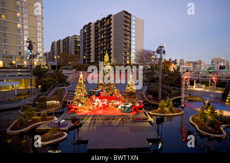 Water Court Christmas display and Tree, Bunker Hill, Downtown Los Angeles, California, USA Stock Photo