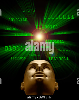 Artifical intelligence as symbolized by green binary code flying through a vortex toward an android head Stock Photo