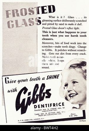 Black and white magazine advert for Gibbs Dentifrice toothpaste circa 1939 Stock Photo