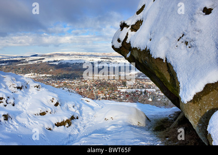 Ilkley from the Cow and Calf Rocks on Ilkley Moor, West Yorkshire UK Stock Photo