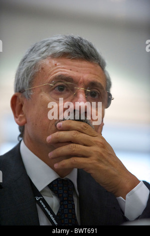 Former Prime Minister of Italy Massimo D'Alema ponders a speech during a fringe panel discussion event at the Labour Party Stock Photo