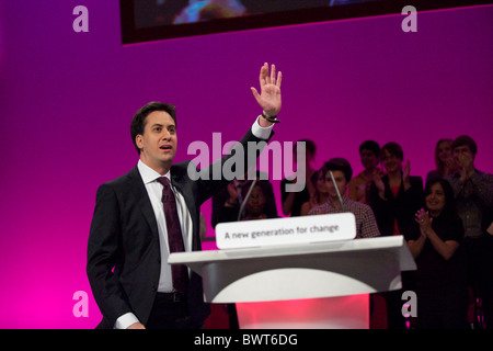 Ed Miliband takes the stage to address delgates with his leader's speech during the Labour Party Conference in Manchester on 28 Stock Photo