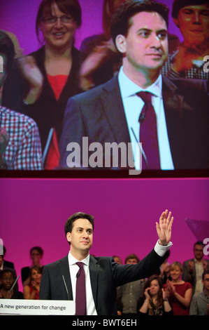 Ed Miliband takes the stage to address delgates with his leader's speech during the Labour Party Conference in Manchester on 28 Stock Photo