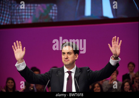 Ed Miliband takes the stage to address delgates with his leader's speech during the Labour Party Conference in Manchester on 28 Stock Photo