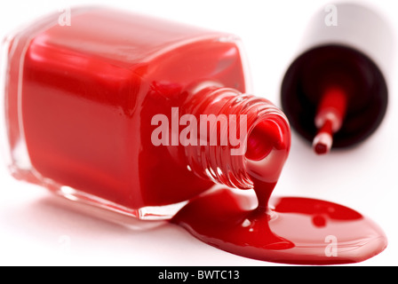 Open Flask with dropping nail polish as closeup on white background Stock Photo
