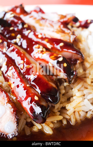 chinese style barbecue pork ribs with rice, popular in asian countries, picture taken in singapore. Stock Photo