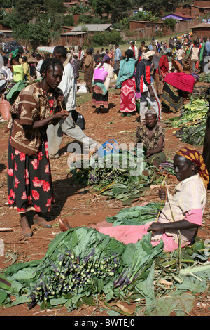 Women Buying And Selling Spinach Leaves at Hagere Mariam Market, Southern Ethiopia Stock Photo