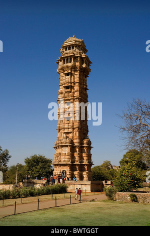 India State of Rajasthan Chittorgarh city Chittor Fort Jaya Stambha Victory Tower Asia travel January 2008 fo Stock Photo