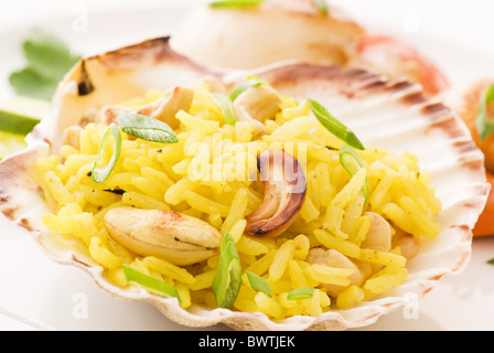 Scallop with rice in shell as closeup on a white plate Stock Photo
