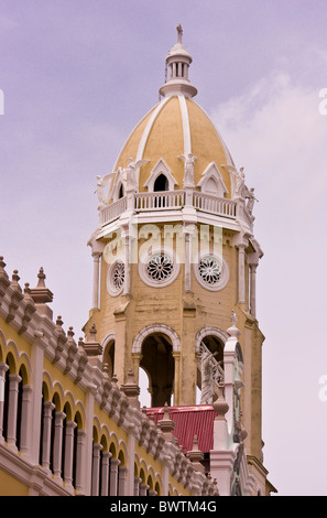 PANAMA CITY, PANAMA - Bell tower, San Francisco Church in Plaza Bolivar, in Casco Viejo, historic city center. Stock Photo
