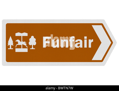 Photo-realistic tourist information-style roadsign, depicting 'funfair'. Stock Photo