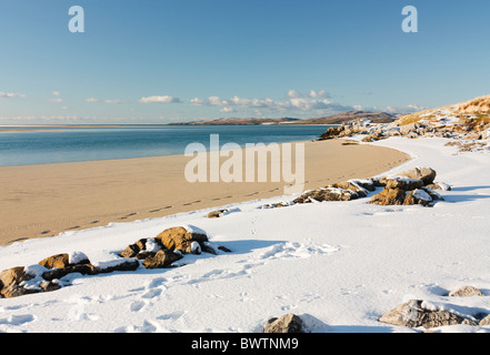 Snow on the beach at Luskentyre on the isle of Harris, Scotland Stock Photo