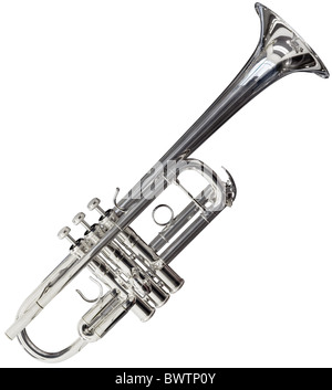 Silver trumpet cutout on white background with clipping path Stock Photo