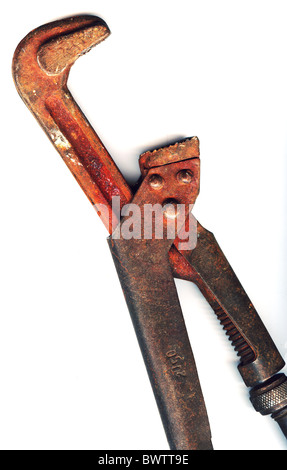 Vintage metal adjustable pipe wrench isolated on white Stock Photo