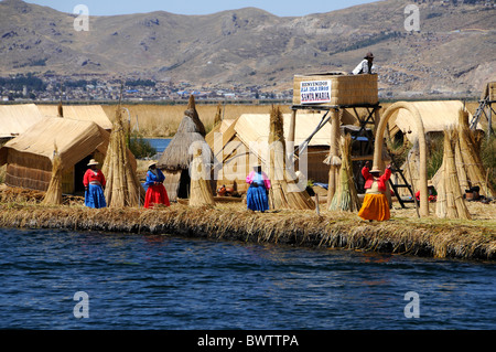 The Floating Islands of Lake Titicaca, originally made of reeds by the Uros people, are one of Peru's top tourist attraction. Stock Photo