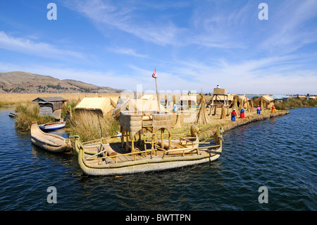 The Floating Islands of Lake Titicaca, originally made of reeds by the Uros people, are one of Peru's top tourist attraction. Stock Photo