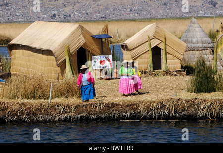 The Floating Islands of Lake Titicaca, originally made of reeds by the Uros people, are one of Peru's top tourist attraction. Stock Photo