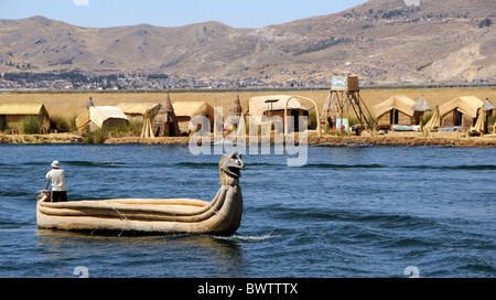 The Floating Islands of Lake Titicaca, originally made of reeds by the Uros people, are one of Peru's top tourist attraction. Stock Photo