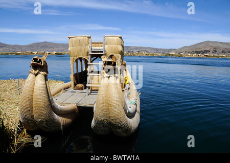 The Floating Islands of Lake Titicaca, originally made of reeds by the Uros people, are one of Peru's top tourist attraction. Stock Photo